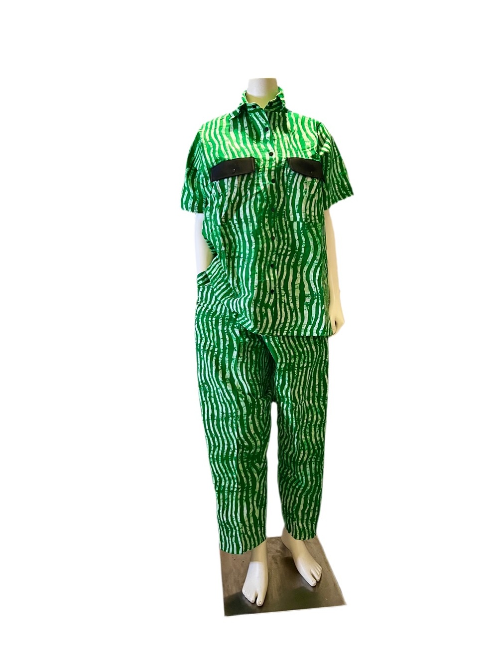 Bold Green Zebra-Print Short-Sleeve African Print Women Pant Set